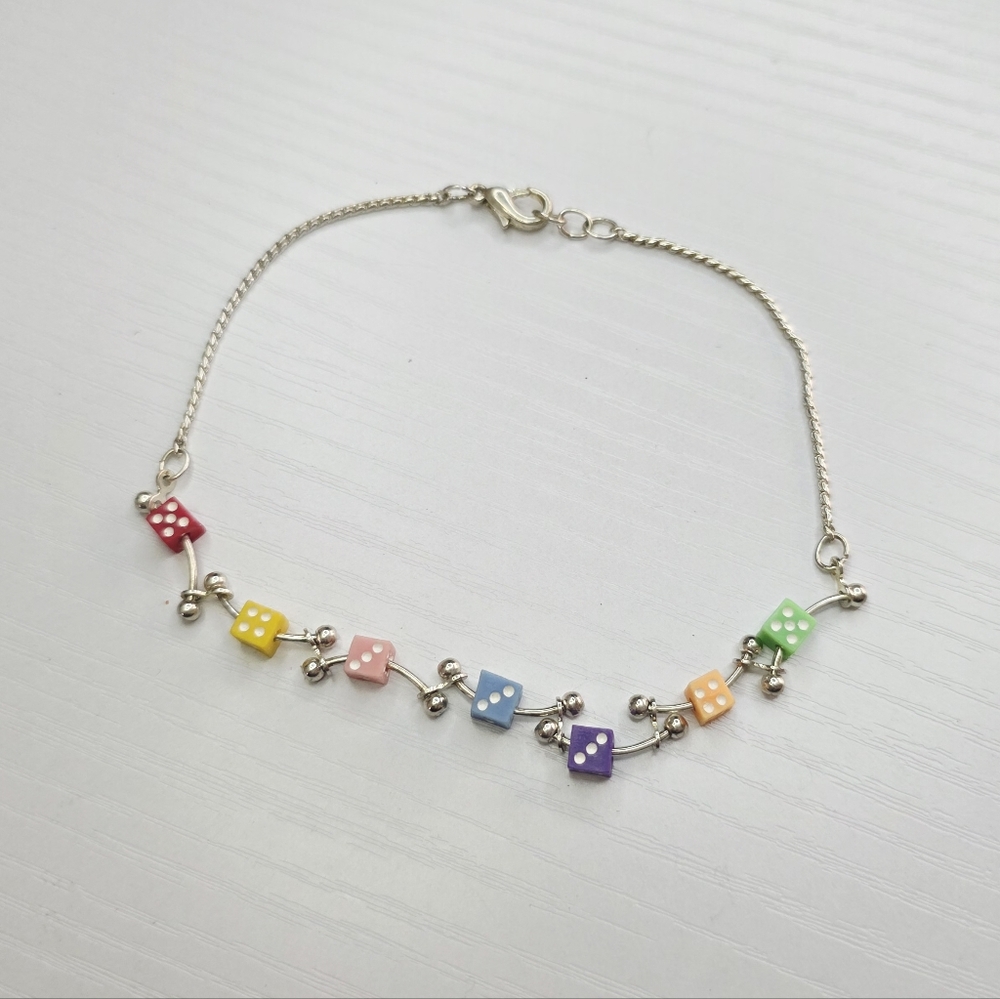 Silver Tone Rainbow Mini Dice Charm Chain Bracelet - Multicolor